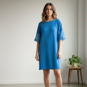 COS Sz M Blue Relaxed Silk Sleeve Pockets Dress